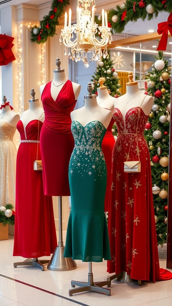 Elegant Christmas dresses in red, green, and gold displayed in a festive setting.